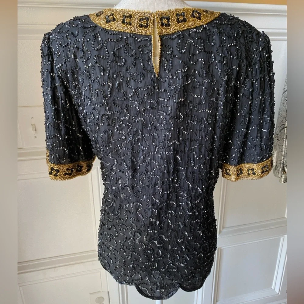 ❌SOLD❌ NWT VTG SCALA XXL FULLY SEQUIN BEADED EVENING BLOUSE BLACK AND GOLD PURE - Picture 6 of 11